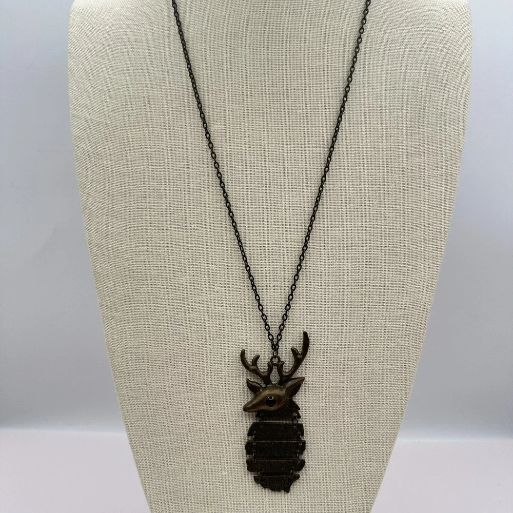 Vintage 90s Bronze Tone Stag Head Pendant Necklace Women's Classic Jewelry